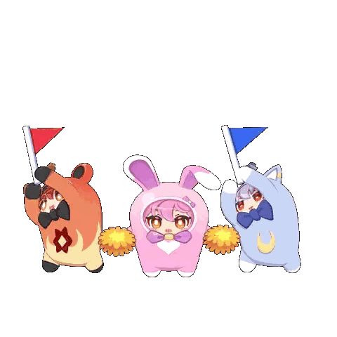 Three Anime Characters in Bunny Costumes Holding Flags and Pom Poms