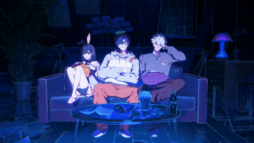 Three Anime Characters Sitting on Couch With Pepsi