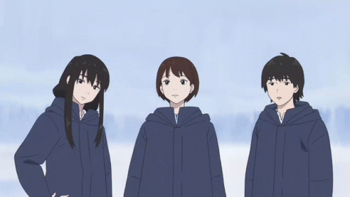 three anime characters standing next to each other with one saying " whoa scary "