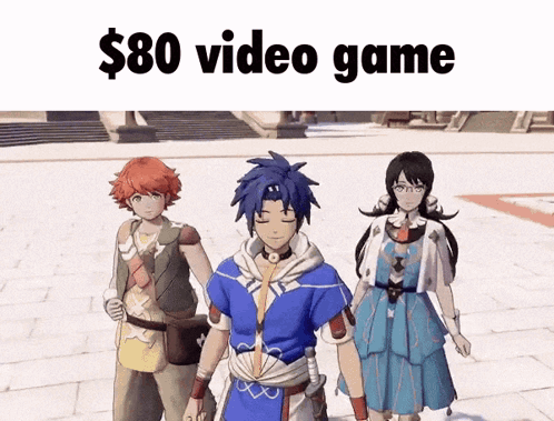 Three Anime Characters With $80 Video Game Text