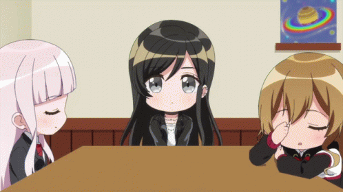 Three Anime Girls Are Sitting At A Table With One Covering Her Eyes GIF