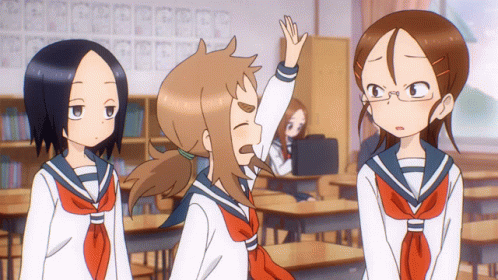 Three Anime Girls Are Standing In A Classroom With One Raising Her Hand In The Air GIF