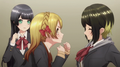 Three Anime Girls Are Standing Next To Each Other And One Has A Braided Headband GIF