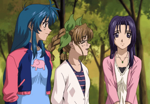 Three Anime Girls Are Standing Next To Each Other And One Has A Pink Elephant On Her Shirt GIF