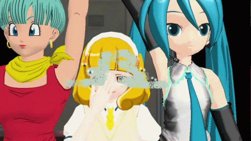 Three Anime Girls Are Standing Next To Each Other With One Covering Her Eyes GIF