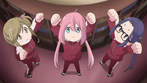 Three Anime Girls Are Standing Together With Their Hands In The Air GIF