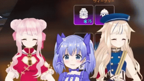 Three Anime Girls One in Blue Dress Hat