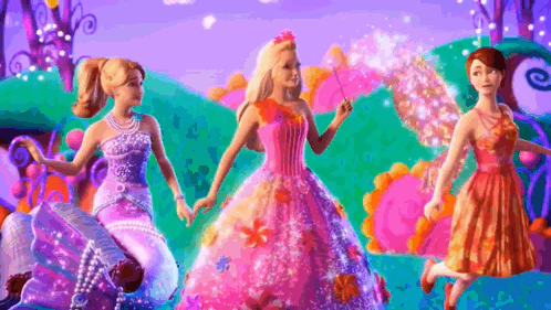 Three Barbie Dolls Are Standing Next To Each Other On A Purple Background GIF