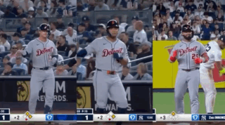 Three Baseball Players Wearing Detroit Uniforms Are Running On The Field GIF