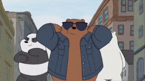 Three Bears Wearing Sunglasses And A Denim Jacket GIF