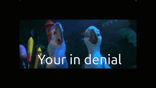 Three Blue Birds Standing Next To Each Other With The Words Your In Denial GIF