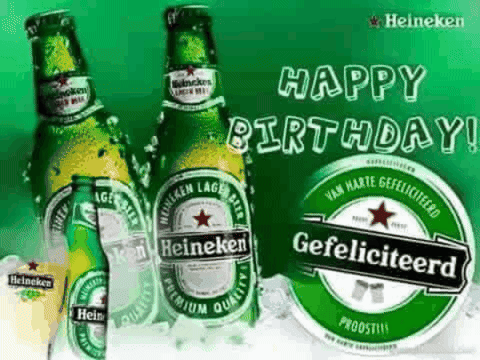 Three Bottles Of Heineken Beer On Ice With A Happy Birthday Message GIF