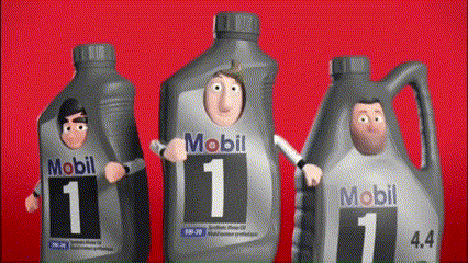 Three Bottles Of Mobil 1 Are Dressed Up As Cartoon Characters GIF