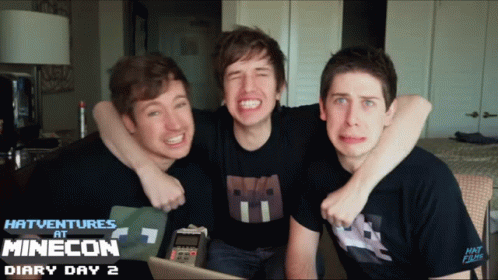Three Boys Are Posing For A Photo With The Words Next Ventures At Minecon Diary Day 2 On The Bottom GIF