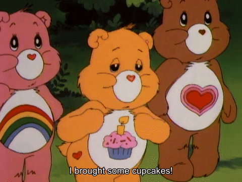 Three Care Bears One Holding Cupcake