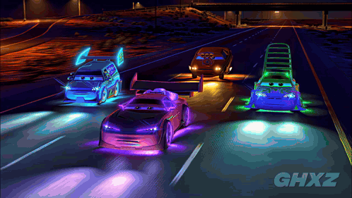 Three Cars Driving Down Highway at Night with Ghxz