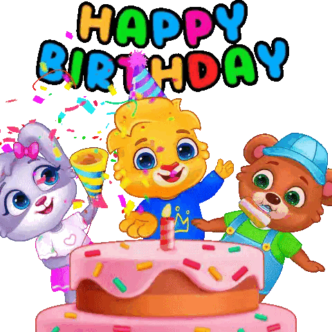 three cartoon animals are celebrating a birthday with a cake and confetti