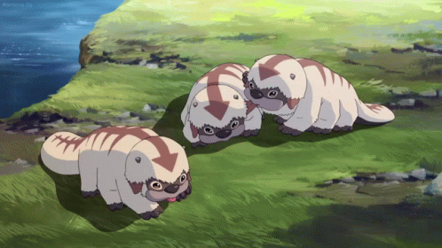 Three Cartoon Animals Are Laying In The Grass Near A Body Of Water And A Website Says 4Anime.to GIF