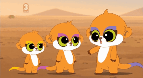 Three Cartoon Animals With Number 3 Above Them