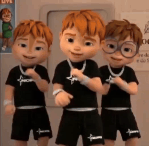 Three Cartoon Boys in Black Shirts and Shorts Smiling