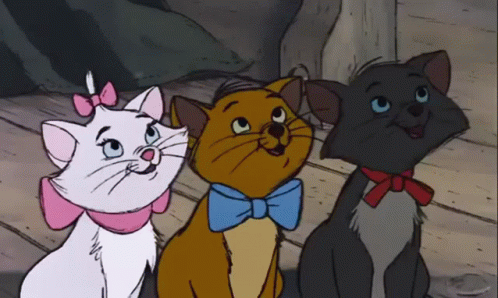 Three Cartoon Cats Are Sitting Next To Each Other With One Wearing A Blue Bow Tie GIF