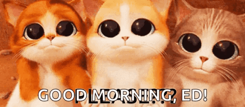 Three Cartoon Cats Are Standing Next To Each Other And Saying Good Morning GIF