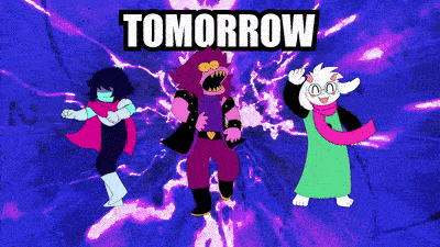 Three Cartoon Characters Are Dancing In Front Of A Purple Background With The Words Tomorrow Above Them GIF