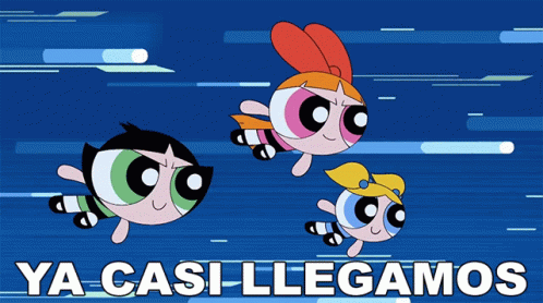 Three Cartoon Characters Are Flying In The Air And The Words Ya Casi Llegamos Are Below Them GIF