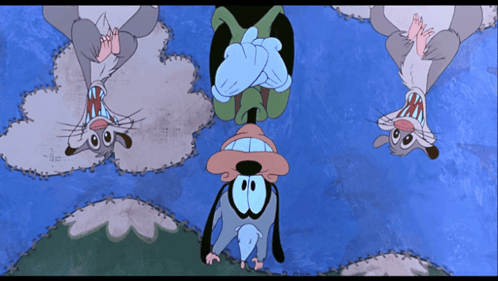Three Cartoon Characters Are Hanging Upside Down With Their Mouths Open GIF