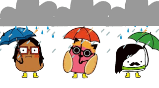 Three Cartoon Characters Are Holding Umbrellas In A Rain Storm GIF