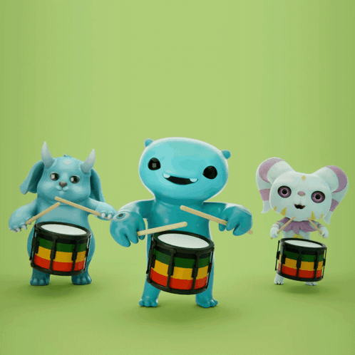 three cartoon characters are playing drums on a green surface
