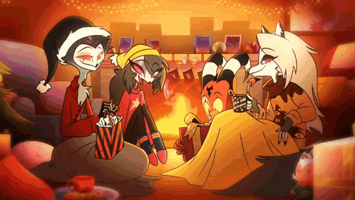 Three Cartoon Characters Eating Popcorn By Fireplace GIF