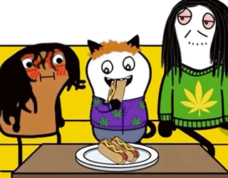 Three Cartoon Characters Are Sitting Around A Table With A Plate Of Hot Dogs GIF