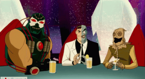 Three Cartoon Characters Are Sitting At A Table With Drinks In Front Of Them And A Red X On The Bottom Right Corner GIF