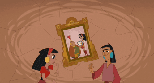 Three Cartoon Characters Are Standing In Front Of A Framed Picture That Says Emperor GIF