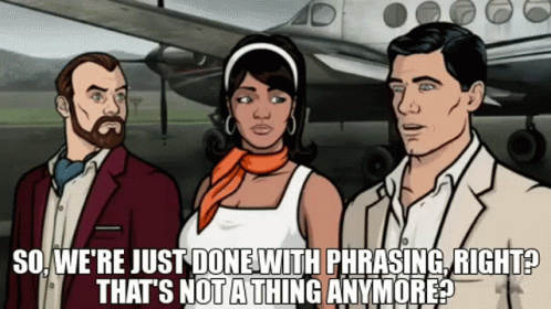 Three Cartoon Characters Are Standing In Front Of A Plane With The Caption So We 'Re Just Done With Phrasing GIF