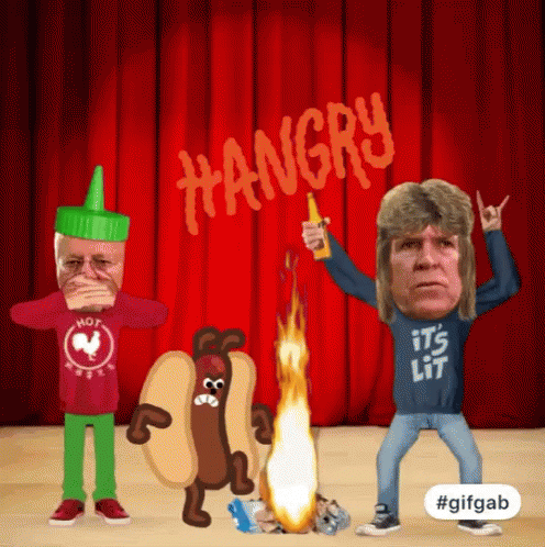 Three Cartoon Characters Are Standing In Front Of A Red Curtain And The Word Hangry Is Written On It GIF