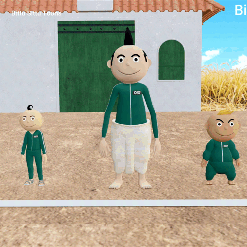 Three Cartoon Characters Are Standing In Front Of A White House And One Has The Number 031 On His Jacket GIF