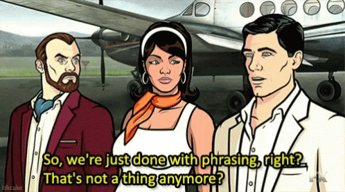 Three Cartoon Characters Are Standing In Front Of An Airplane And One Of Them Is Saying " So We 'Re Just Done With Phras GIF