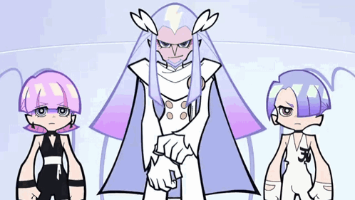 Three Cartoon Characters Are Standing Next To Each Other And One Has A Purple Haircut GIF