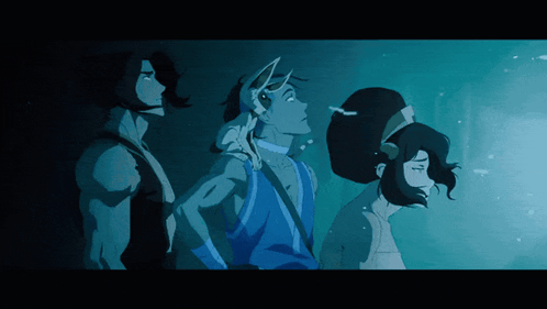 Three Cartoon Characters Are Standing Next To Each Other In The Dark GIF