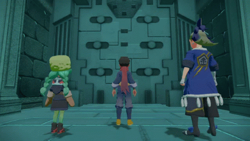 Three Cartoon Characters Standing On Blue Floor GIF