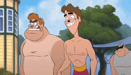 Three Cartoon Characters Are Standing Next To Each Other GIF