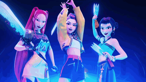 Three Cartoon Characters Are Standing Next To Each Other With One Holding A Sword And Another Holding A Knife GIF