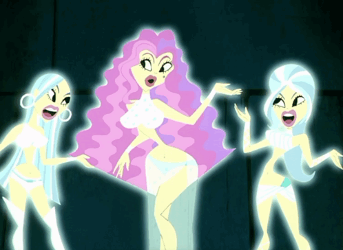 Three Cartoon Characters Are Standing Next To Each Other With One Of Them Having Pink Hair GIF