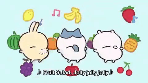 Three Cartoon Characters Are Standing Next To Each Other With The Words " Fruit Salad Jolly Jolly Jolly " Written Below GIF