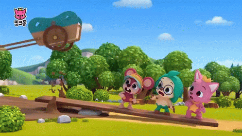 Three Cartoon Characters Are Walking Across A Wooden Bridge In A Field With Trees And A Pink Cat In The Background GIF
