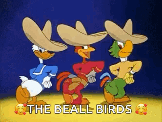 Three Cartoon Characters , Donald Duck , Woody Woodpecker And A Rooster , Are Dancing Together . GIF