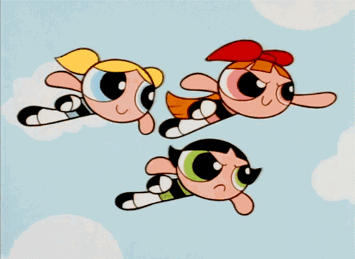 Three Cartoon Characters Flying In Sky GIF