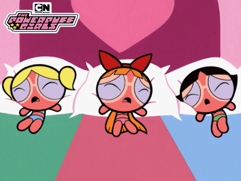 Three Cartoon Characters From The Powerpuff Girls Are Sleeping In Bed GIF